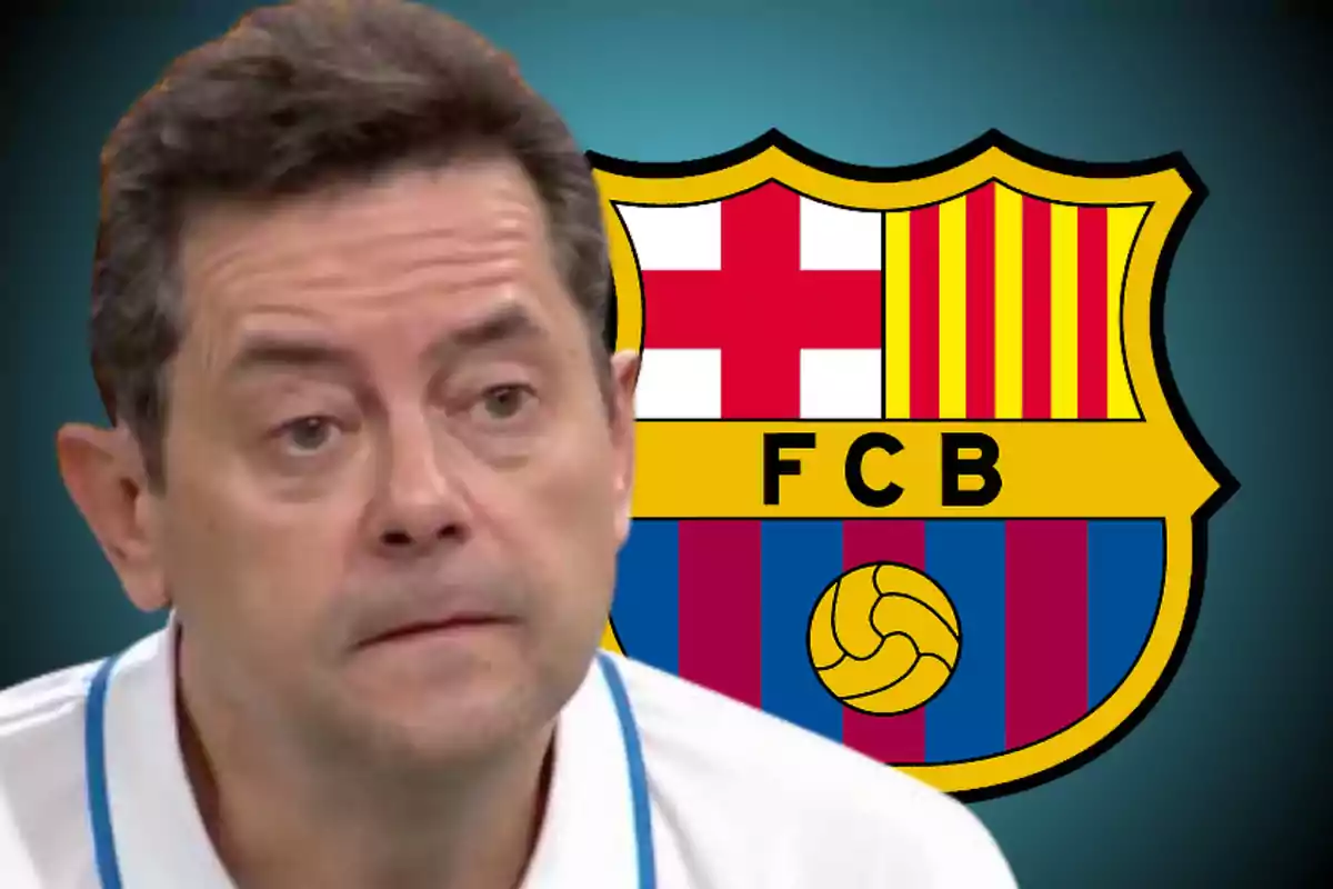 A man with a serious expression in front of the FC Barcelona crest.