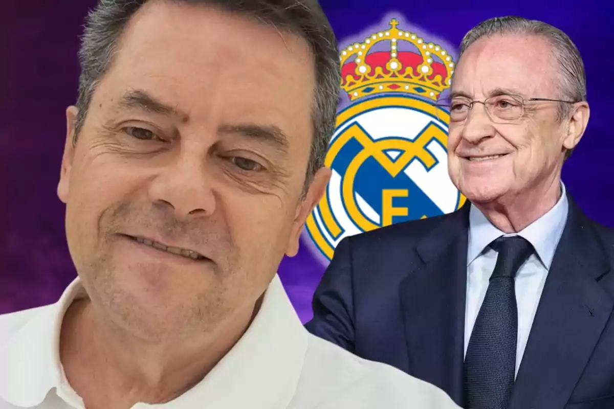 Two smiling men with the Real Madrid logo in the background.