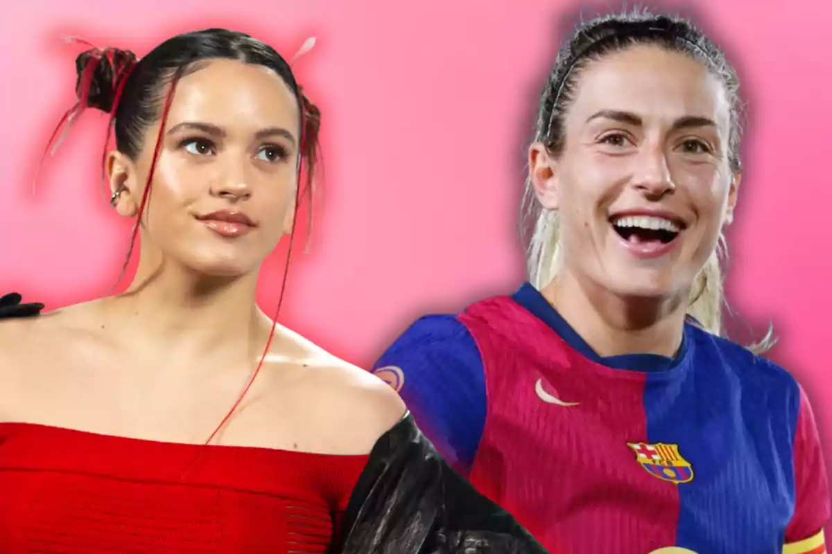 Dos mujeres sonrientes sobre un fondo rosa, una con un vestido rojo y peinado con moños, la otra con una camiseta de fútbol azul y roja.