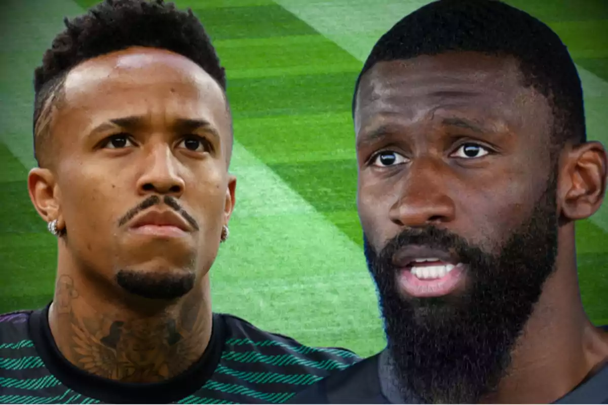 Two soccer players with serious expressions on a grass background.