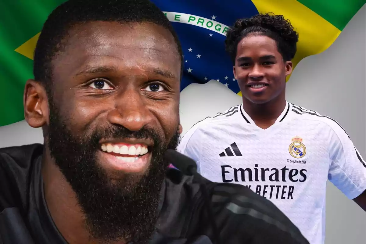 Dos personas sonrientes frente a una bandera de Brasil, una de ellas lleva una camiseta del Real Madrid.