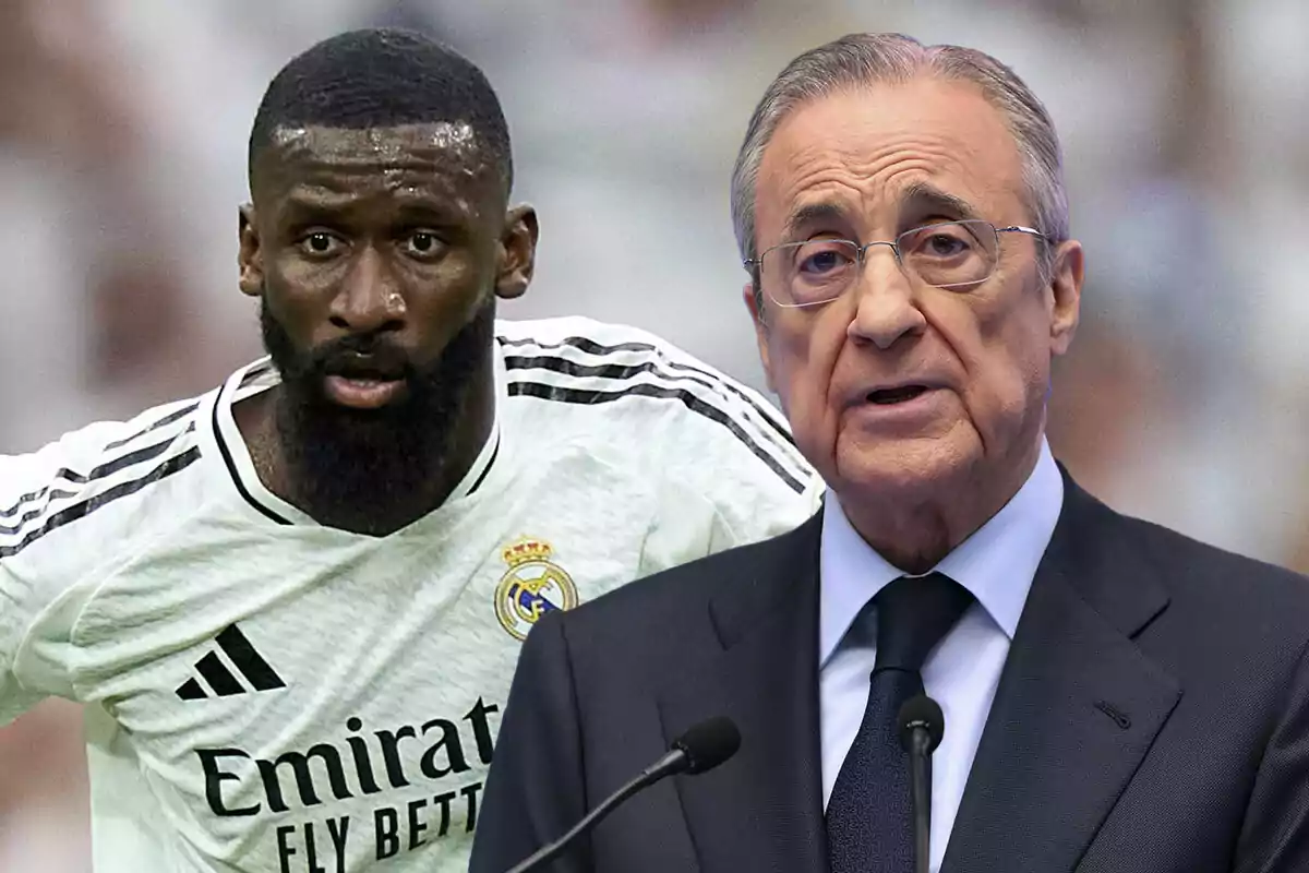 Rüdiger con la camiseta del Real Madrid junto a Florentino Pérez con traje y corbata.