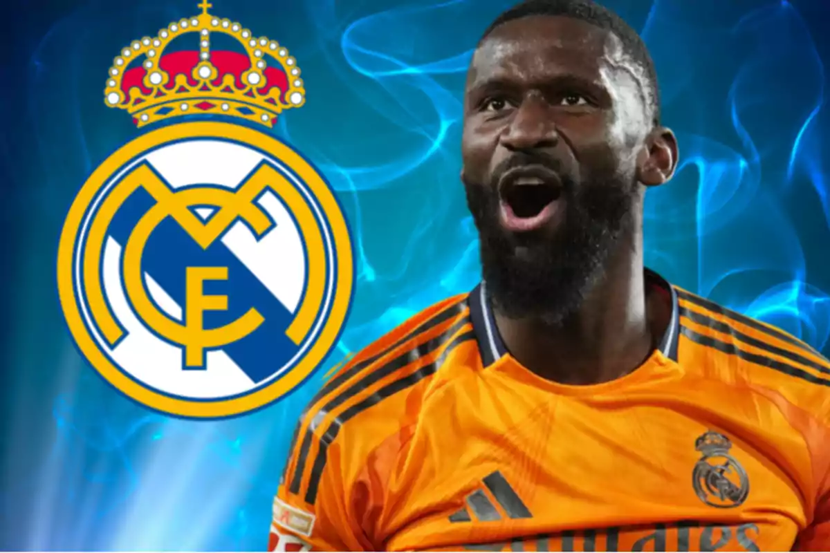 Soccer player in an orange Real Madrid jersey next to the team crest on a blue background.