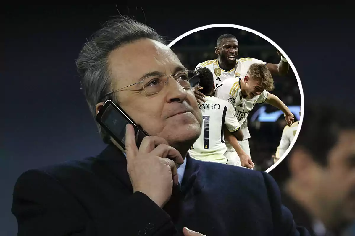 Florentino Pérez hablando por teléfono con una imagen de jugadores del Real Madrid celebrando en un círculo.