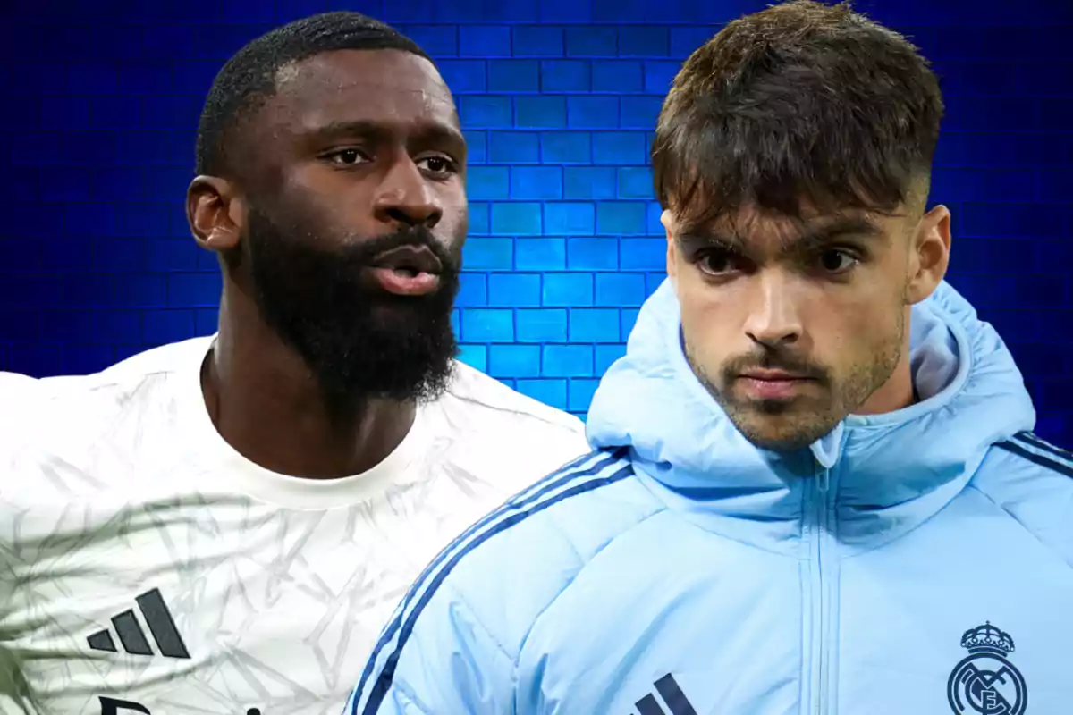 Two players in Real Madrid uniforms pose in front of a blue background.