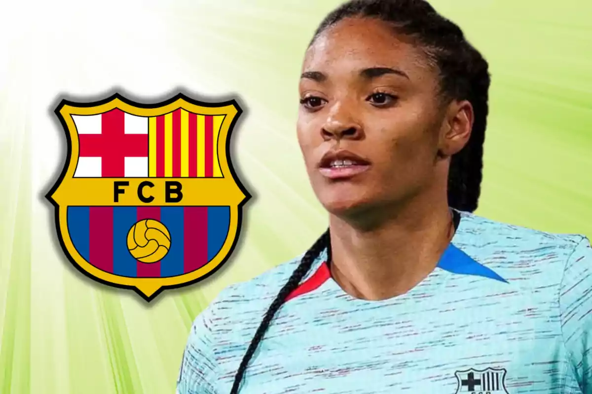 Female soccer player with the FC Barcelona crest on a green background.