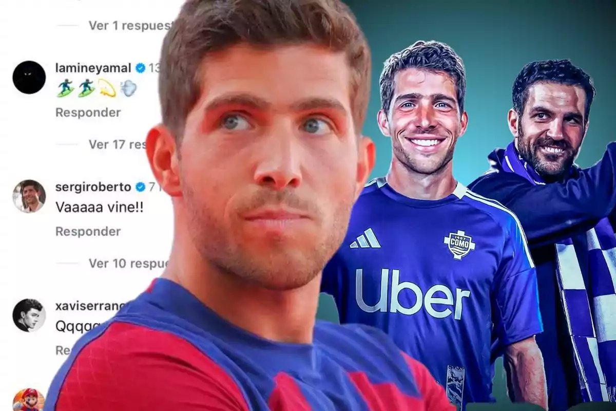 Sergi Roberto en primer plano con Cesc Fàbregas al fondo y una captura de pantalla de un comentario de Instagram a su lado