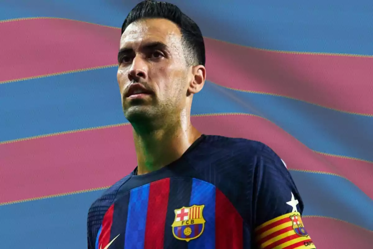 Sergio Busquets wearing the FC Barcelona uniform in front of a background with the team's colors.