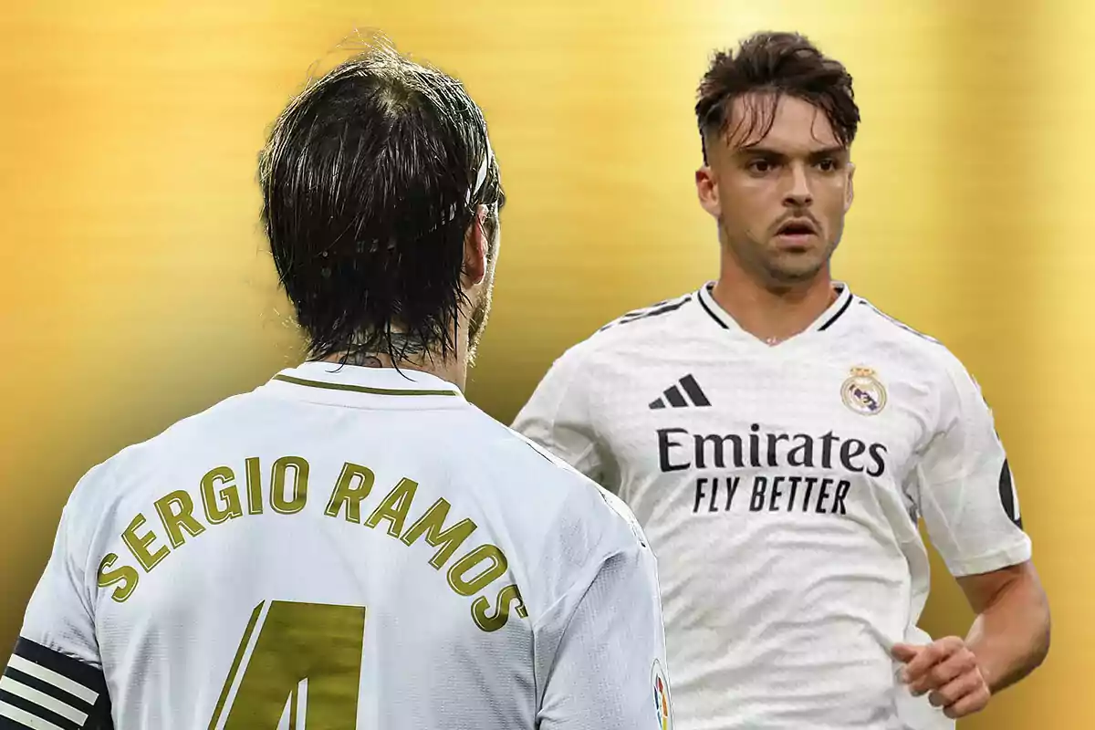 Dos jugadores de fútbol con camisetas blancas del Real Madrid, uno de espaldas y otro de frente, sobre un fondo dorado.