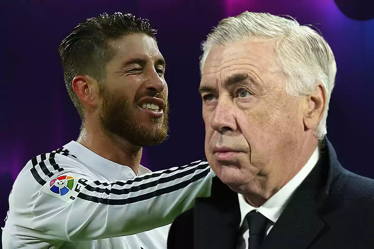 Sergio Ramos and Carlo Ancelotti on a soccer field, one winking and the other looking straight ahead.