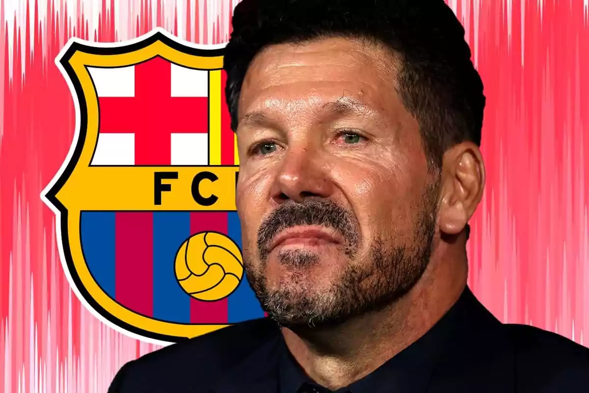 Simeone with beard in front of the FC Barcelona crest on a red background.