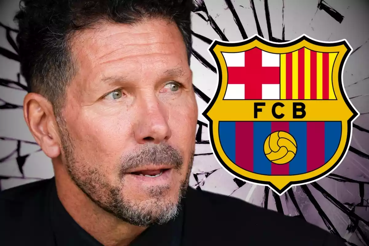 Simeone in the foreground looking at an FC Barcelona shield on a broken glass