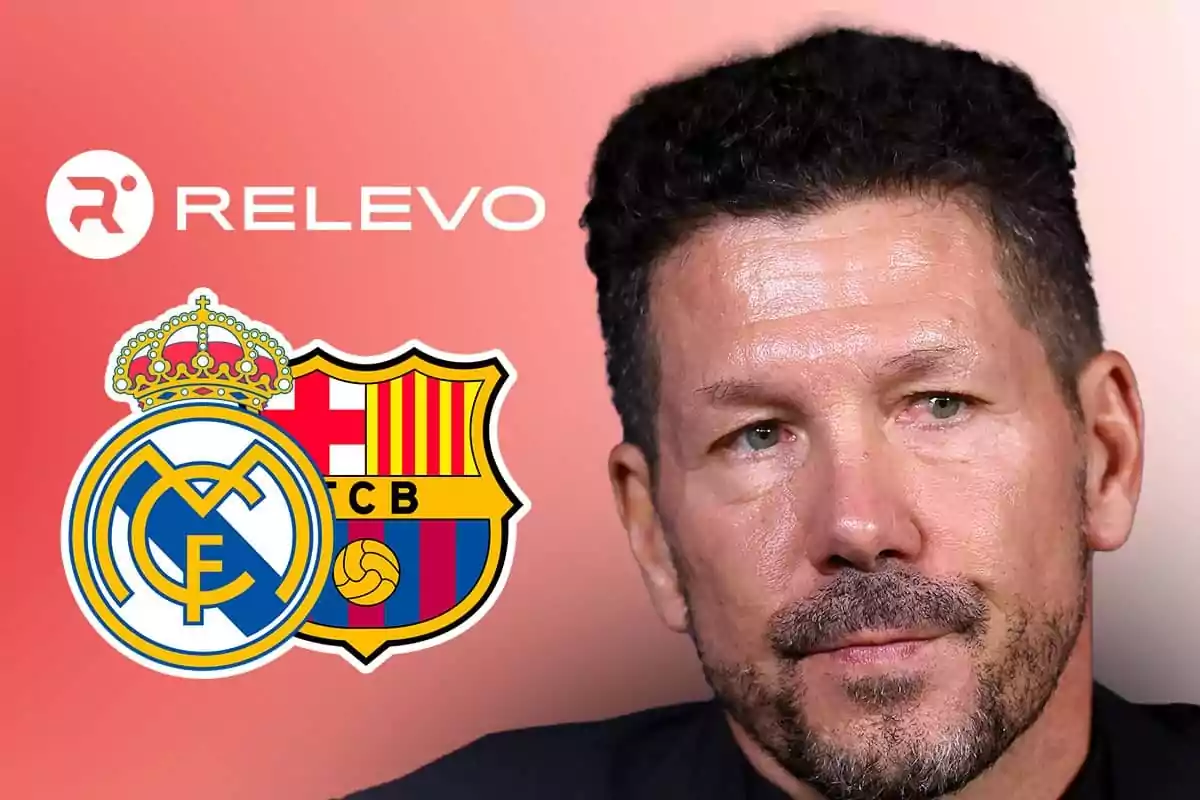 Simeone con fondo rojo y logotipos de equipos de fútbol y la palabra "Relevo".