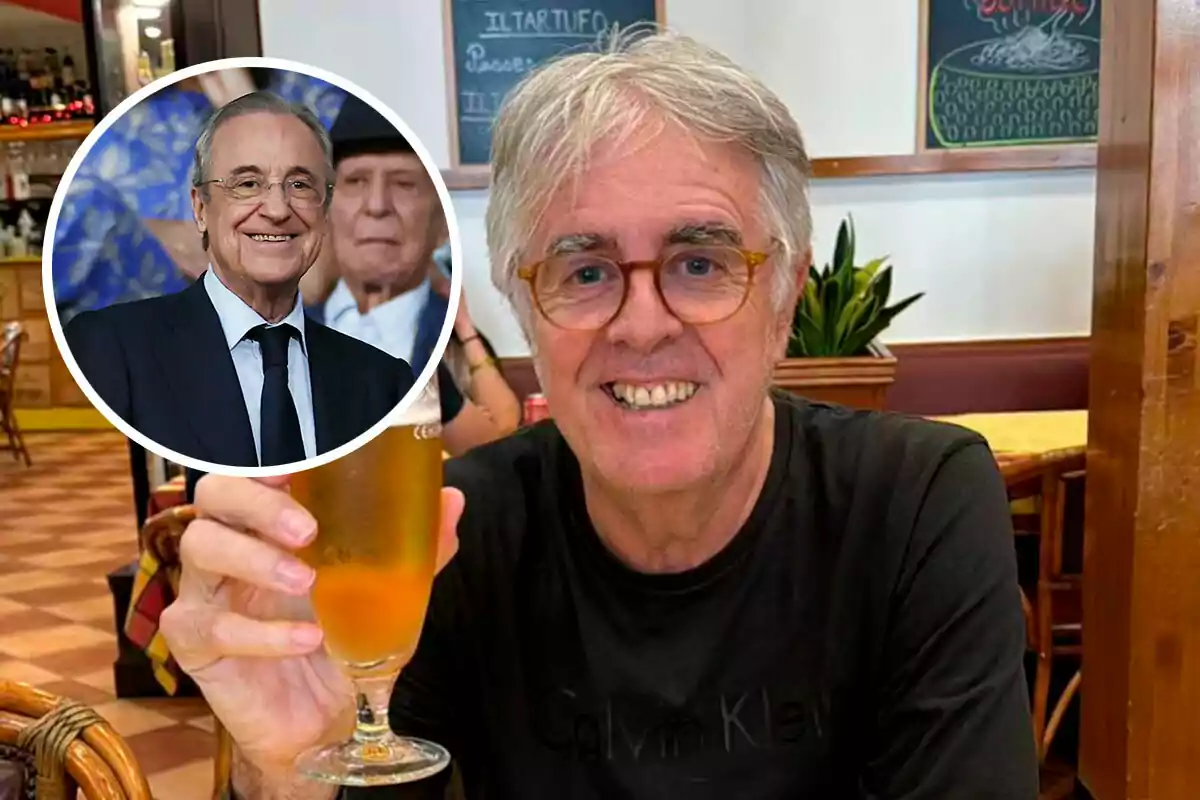 Siro López con gafas y camiseta negra sostiene un vaso de cerveza en un restaurante, mientras que en un círculo superpuesto se muestra a Florentino Pérez con traje y corbata.