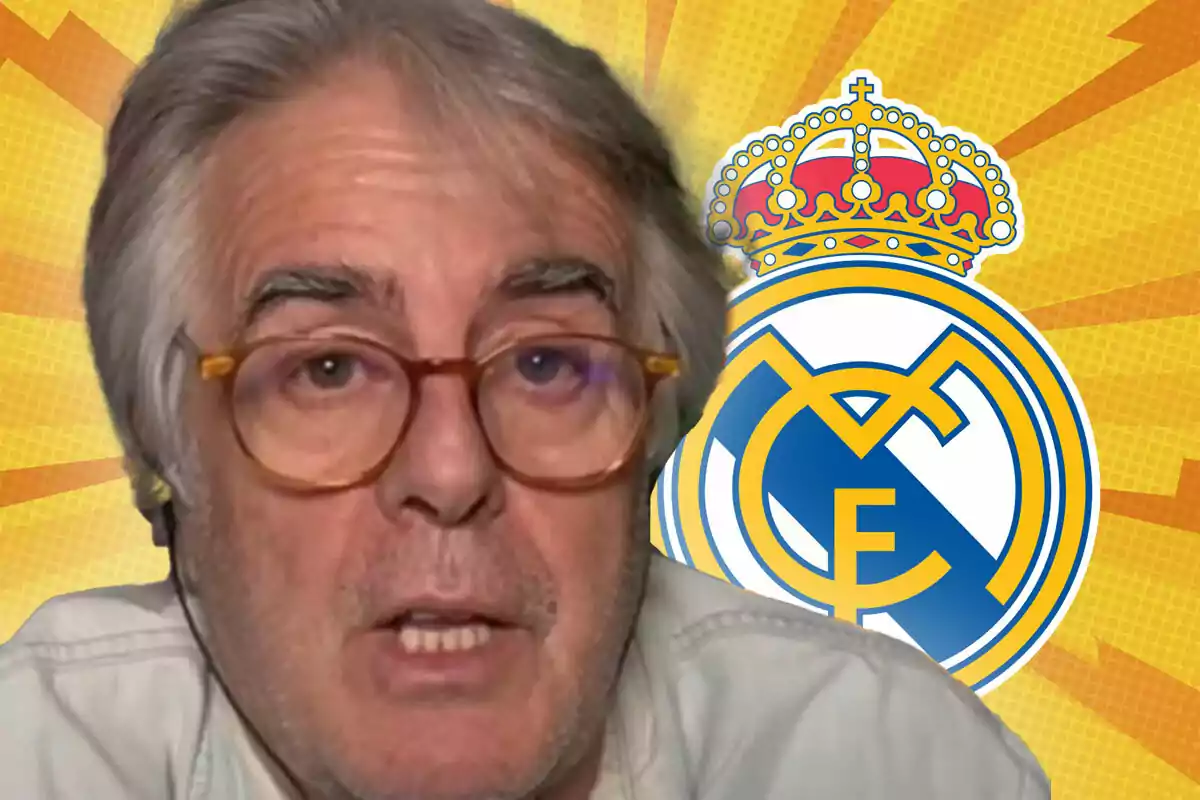 Un hombre con gafas y cabello canoso aparece frente a un fondo con el escudo de un equipo de fútbol.