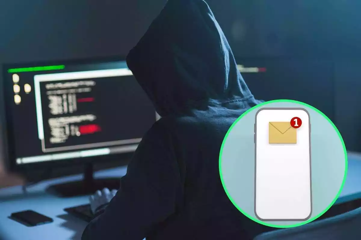 Montaje con ciberdelincuente y teléfono con SMS Montaje con ciberdelincuente y teléfono con SMS