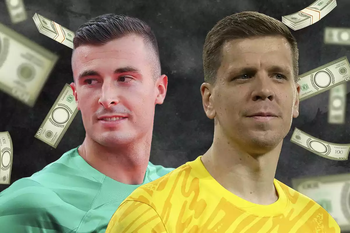 Dos hombres con camisetas deportivas, Iñaki Peña de verde y Szczesny de amarillo, con billetes de dinero flotando a su alrededor.