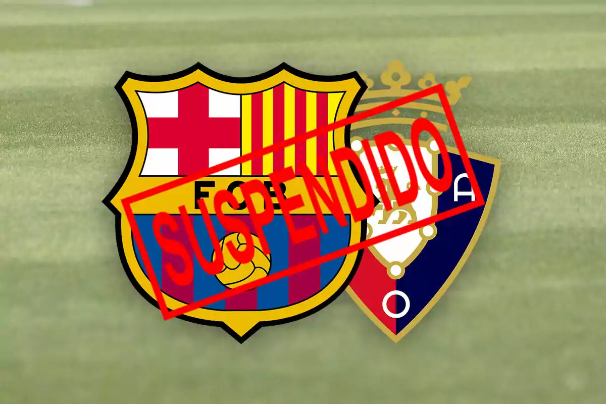 Escudos de dos equipos de fútbol superpuestos con la palabra "SUSPENDIDO" en rojo sobre ellos.