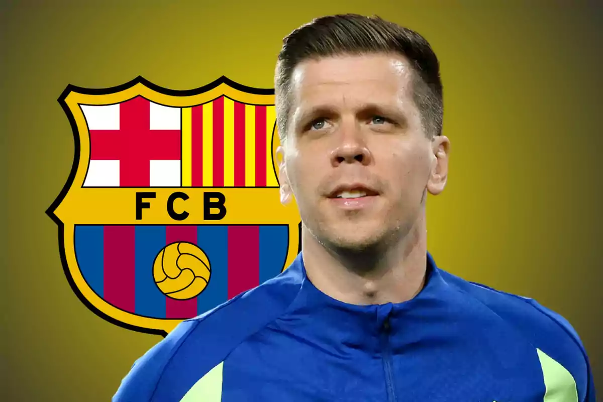 A man with a blue jacket in front of the FC Barcelona crest.