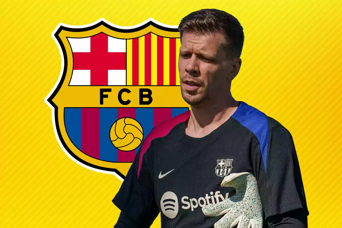 Wojciech Szczesny con uniforme de portero del FC Barcelona frente al escudo del club sobre un fondo amarillo.