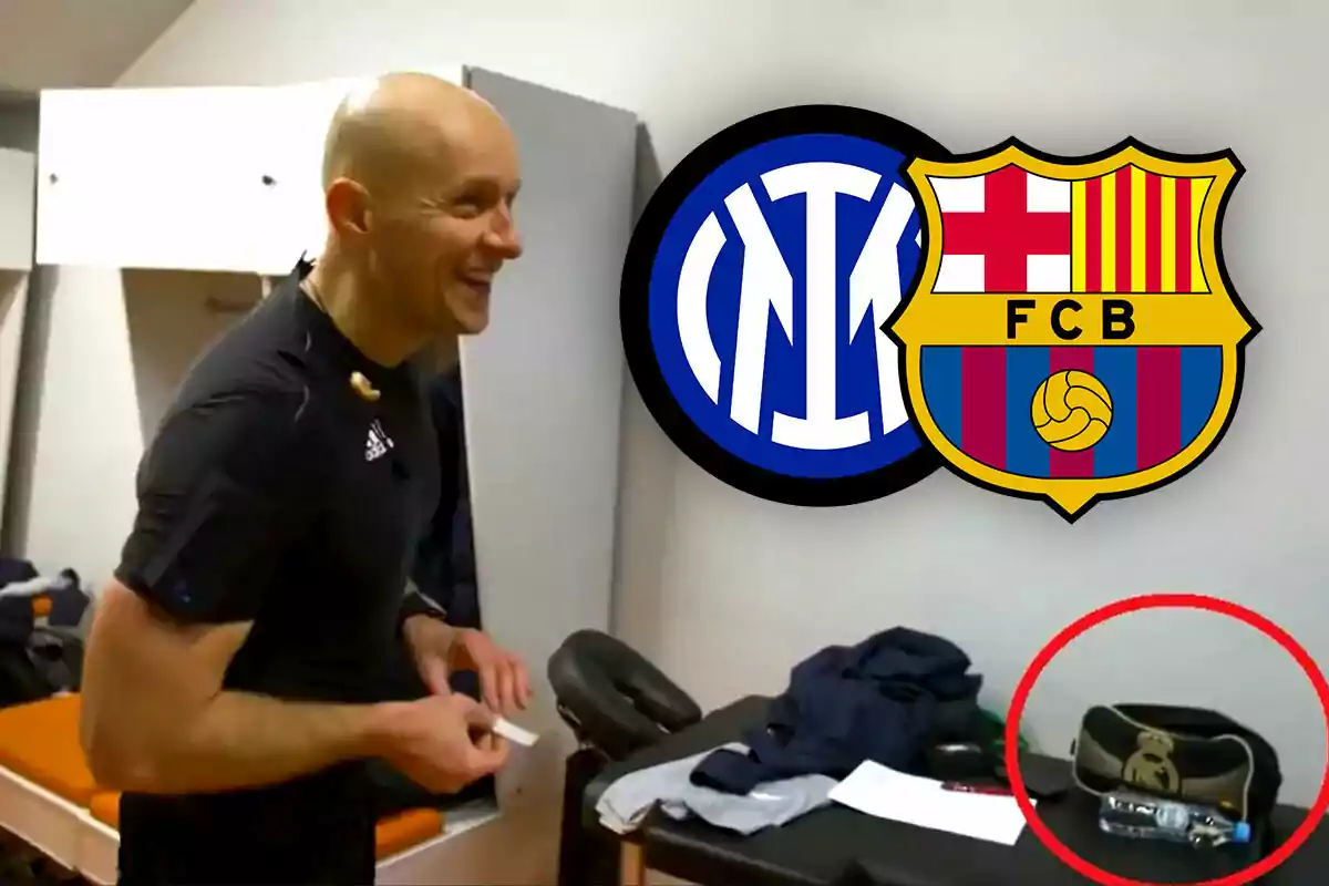 A smiling man in a locker room with the logos of Inter Milan and FC Barcelona overlaid, and a bag with the Real Madrid crest on a table.