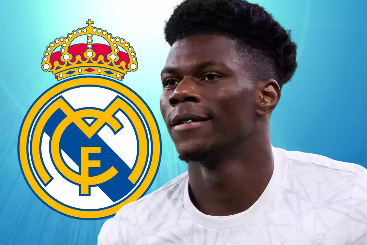 A player wearing the white jersey of Real Madrid appears next to the team's crest on a blue background.