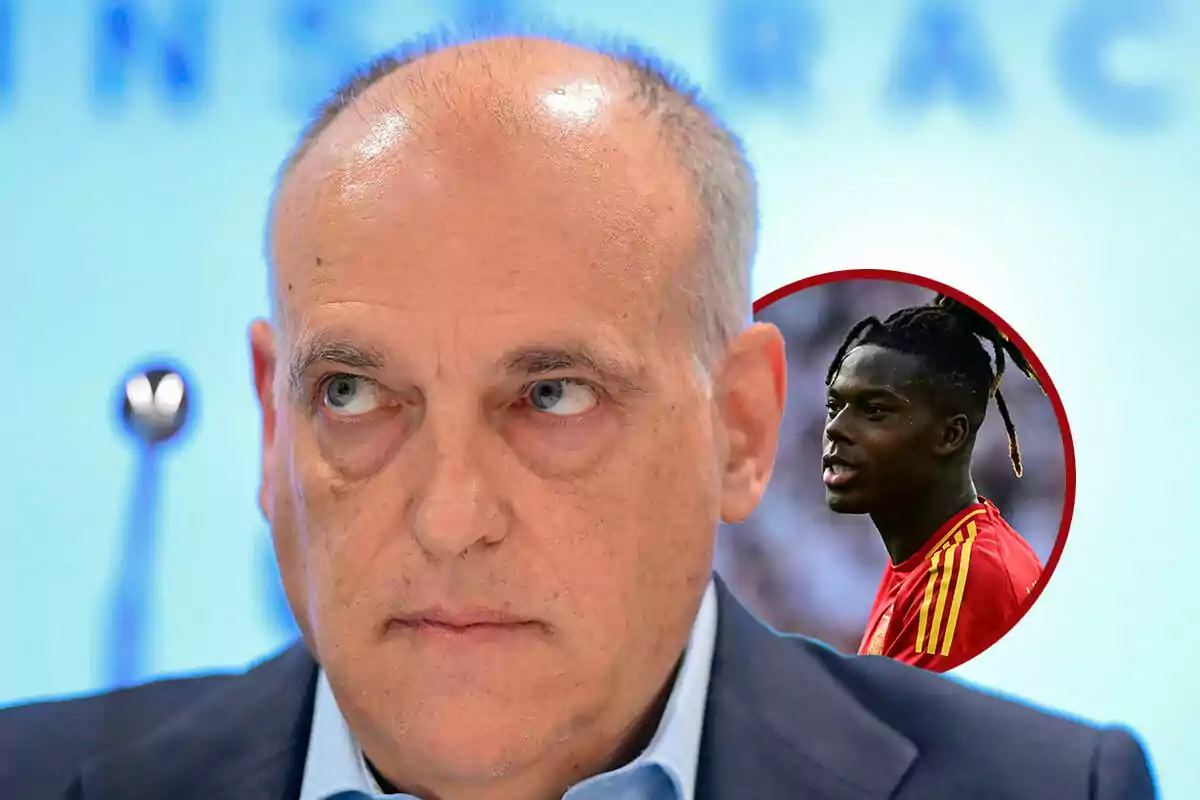 Javier Tebas con expresión seria en primer plano y Nico Williams en un círculo rojo en el fondo.