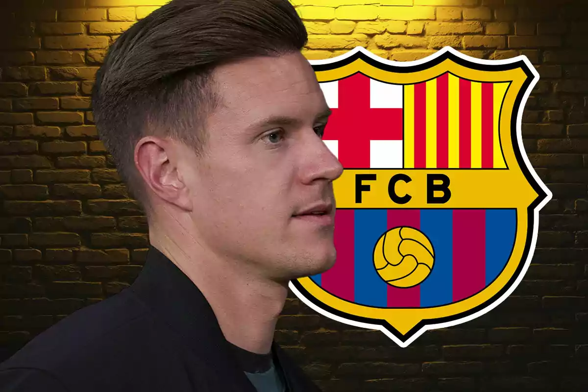 Man in profile with the FC Barcelona crest in the background on a lit brick wall.