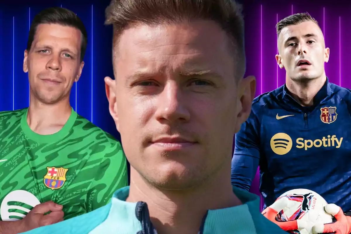 Three footballers wearing FC Barcelona uniforms pose in front of a background of blue and purple vertical lines.