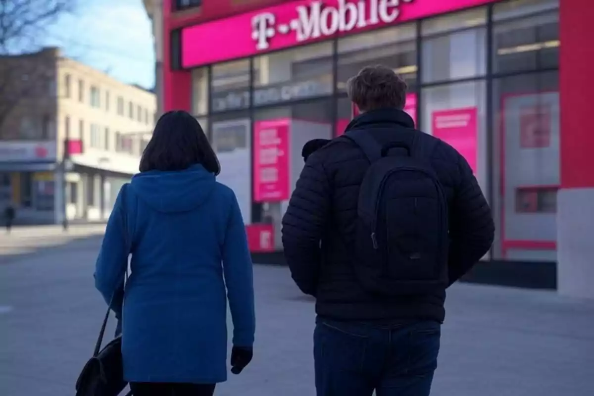 Two people walking toward a T-Mobile store in an urban setting. Two people walking toward a T-Mobile store in an urban setting.