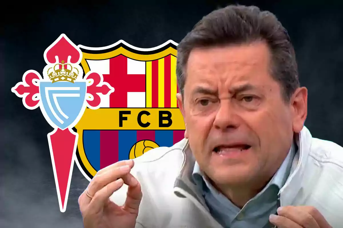 Tomás Roncero gesticulando con los escudos del Celta de Vigo y el FC Barcelona de fondo.