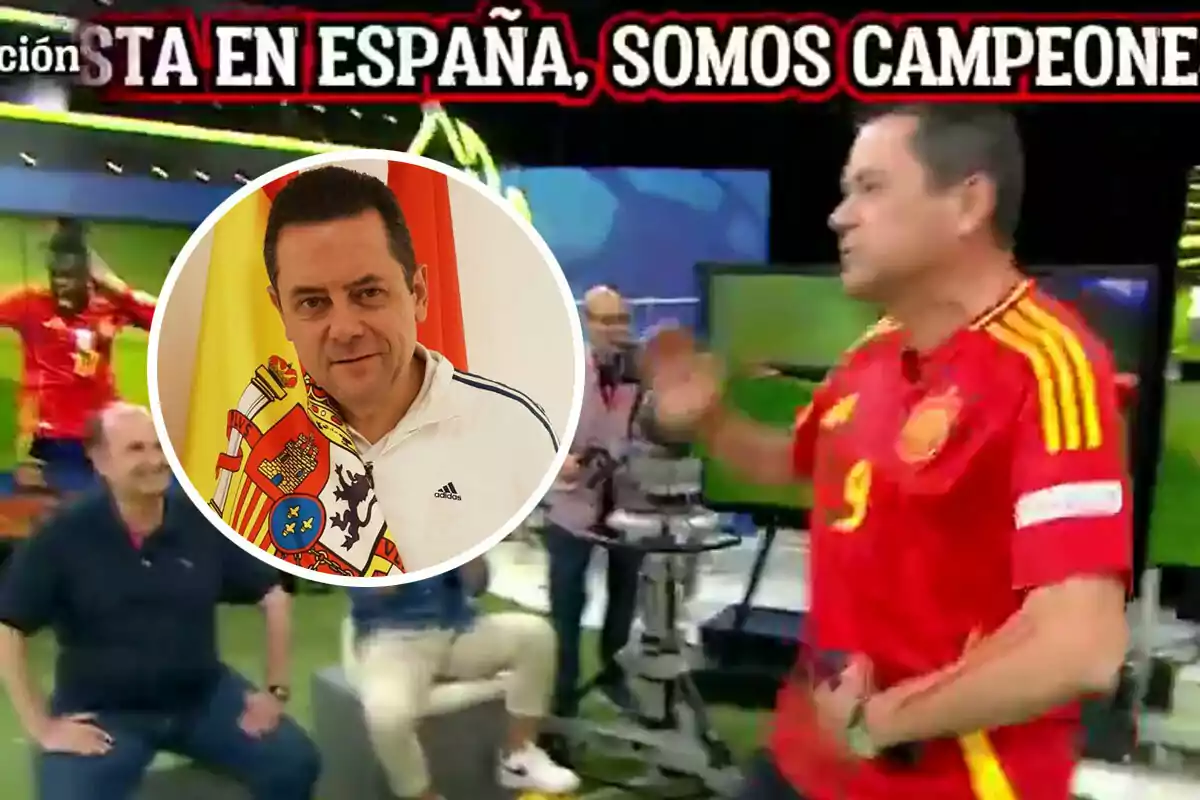 Celebración de la victoria de España en 'El Chiringuito', con Tomás Roncero en primer plano sosteniendo una bandera española.