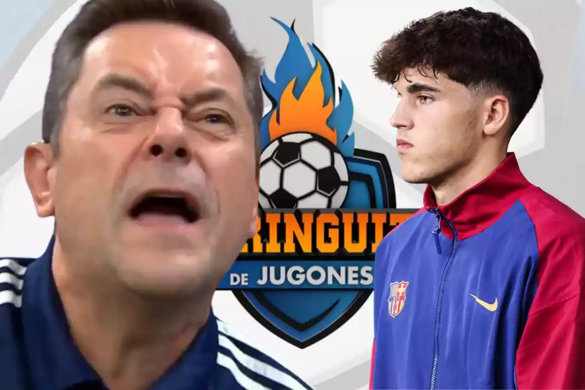 A man with an intense expression and a young man in a sports jacket in front of a soccer program logo.