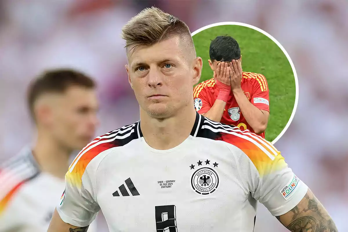 Toni Kroos con expresión seria en primer plano y Pedri cubriéndose el rostro con las manos en el fondo.