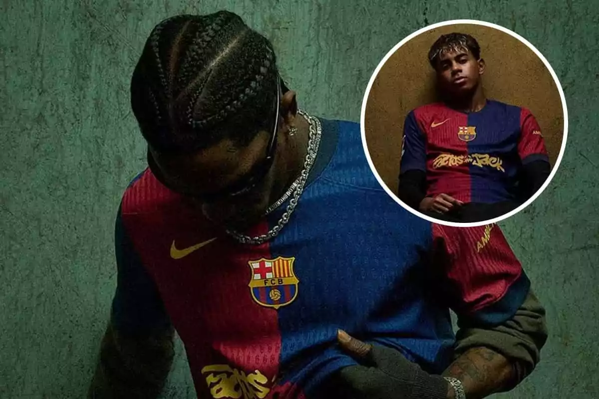 Un hombre con trenzas y gafas de sol viste una camiseta del FC Barcelona, mientras que en un recuadro se muestra a otro hombre con la misma camiseta sentado contra una pared.