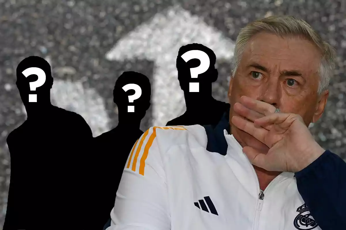 Carlo Ancelotti con chaqueta deportiva blanca y azul con la mano en la boca, al fondo tres siluetas negras con signos de interrogación sobre sus rostros.