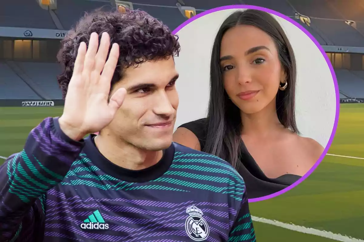 Un futbolista con uniforme del Real Madrid saluda levantando la mano en un estadio, mientras al fondo aparece el retrato de una mujer joven enmarcado en un círculo púrpura.