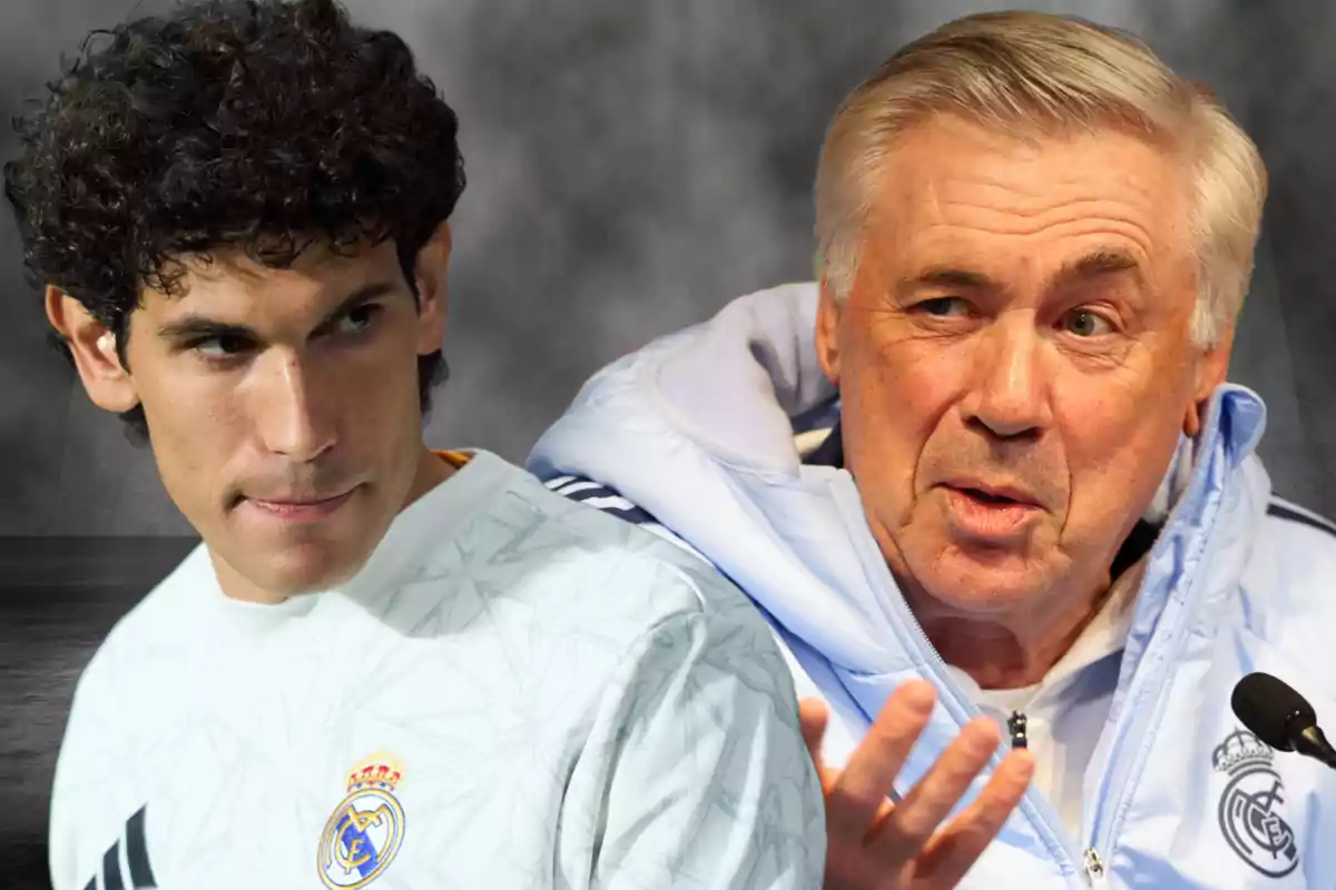 Dos hombres con ropa deportiva del Real Madrid, uno de ellos parece estar hablando mientras el otro mira hacia un lado.