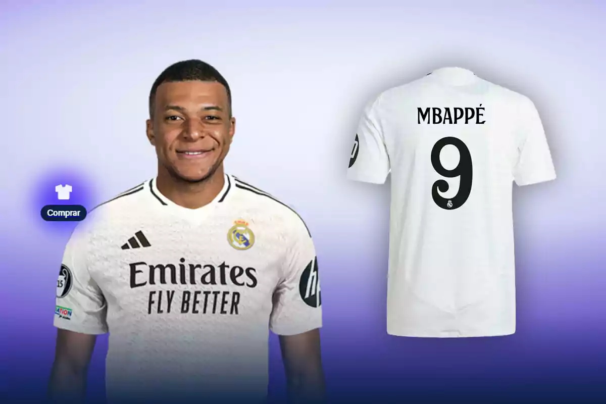 Kylian Mbappé con la camiseta del Real Madrid y el número 9, junto a una imagen de la parte trasera de la camiseta con el nombre "MBAPPÉ".