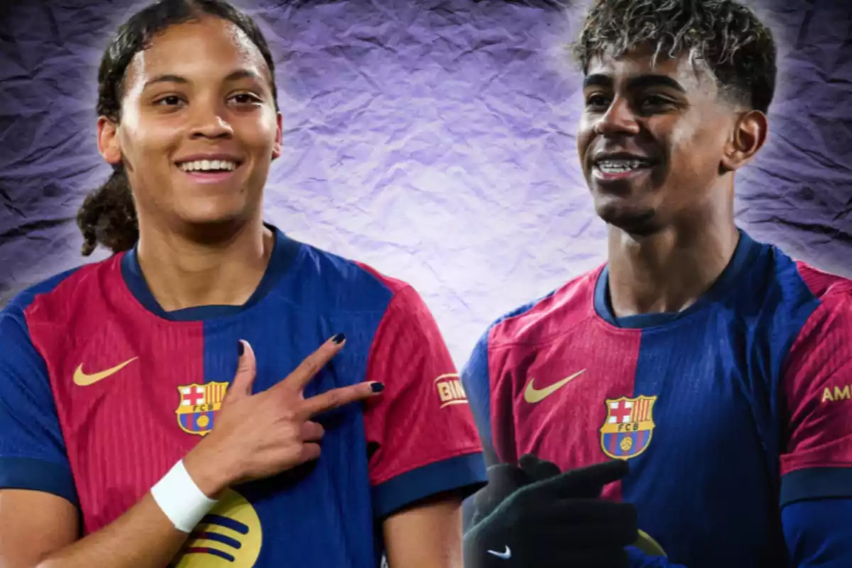 Two people wearing FC Barcelona jerseys smile in front of a textured background.