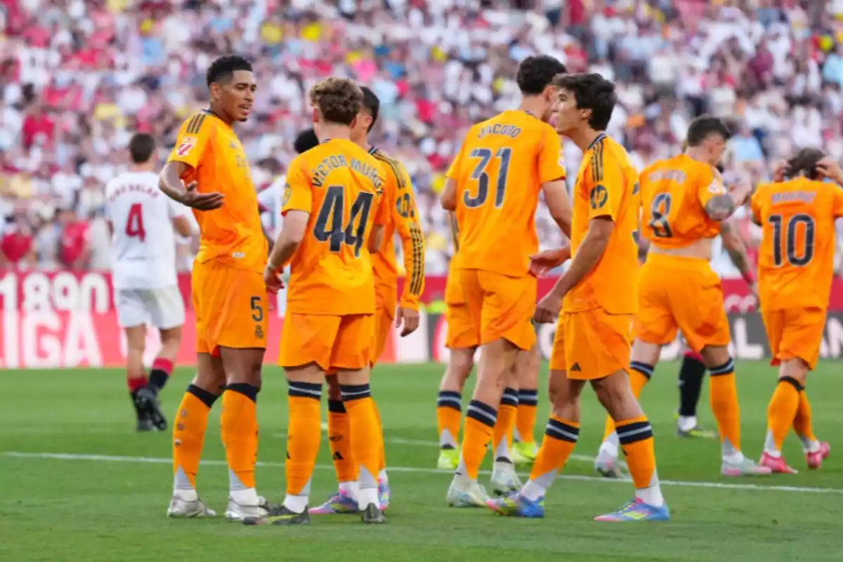 Soccer players in orange uniforms talk on the field during a match with spectators in the stands. Soccer players in orange uniforms talk on the field during a match with spectators in the stands.