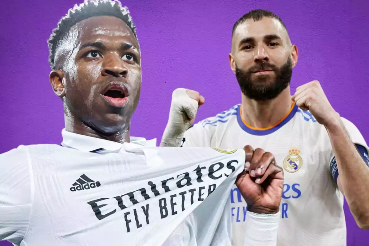 Two soccer players in white jerseys celebrating in front of a purple background.