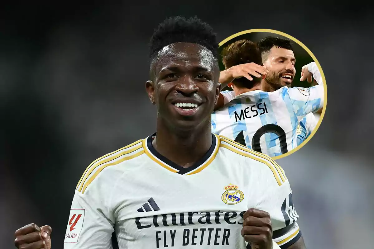 Vinicius celebrando con una imagen de fondo de Messi y Agüero de la selección argentina abrazándose.