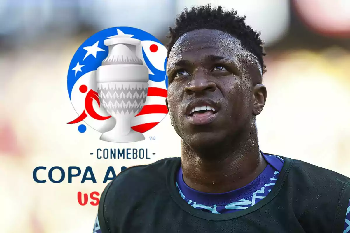 Vinicius con una camiseta oscura aparece en primer plano, con el logo de la Copa América 2024 de fondo.