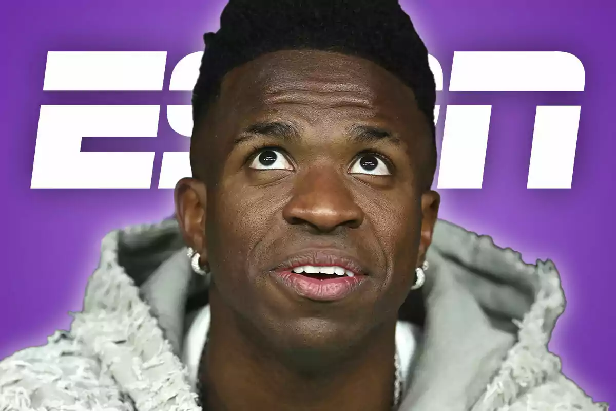 Vinícius Júnior looking up with a purple background and the ESPN logo behind him.