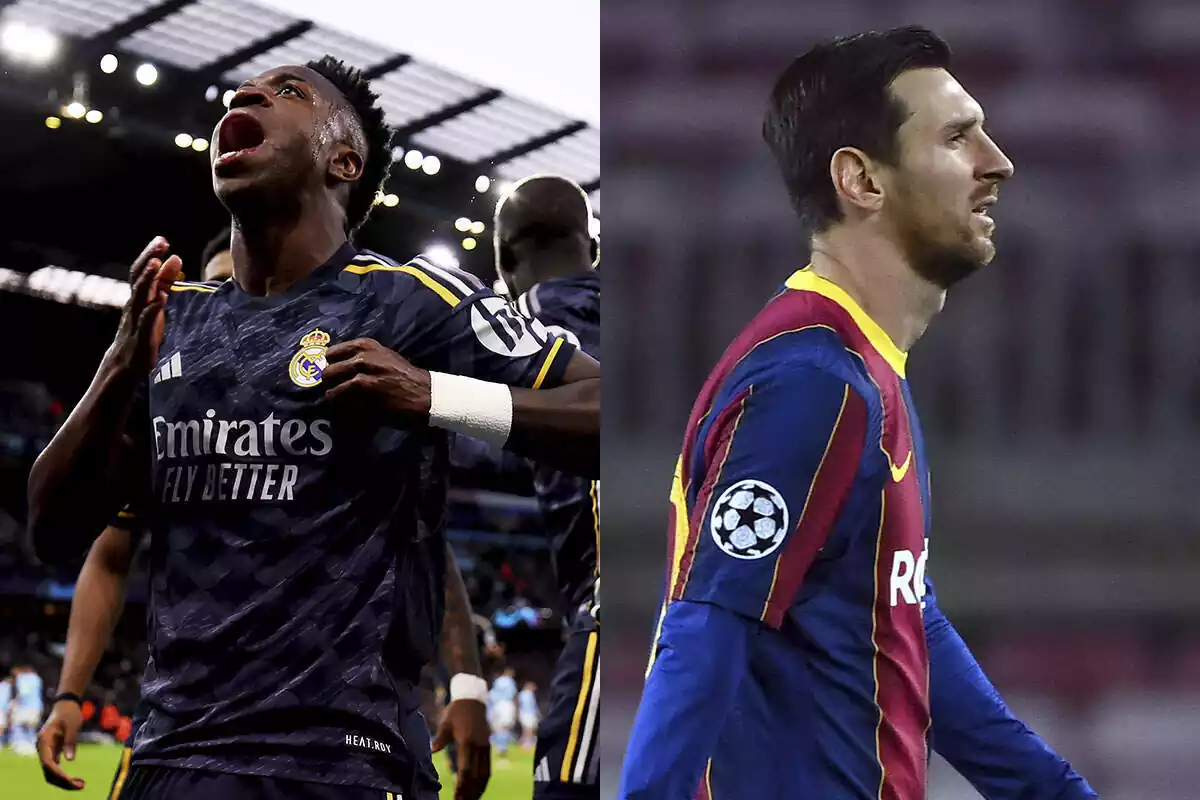 Vinicius celebrando un gol, con Messi triste a su derecha