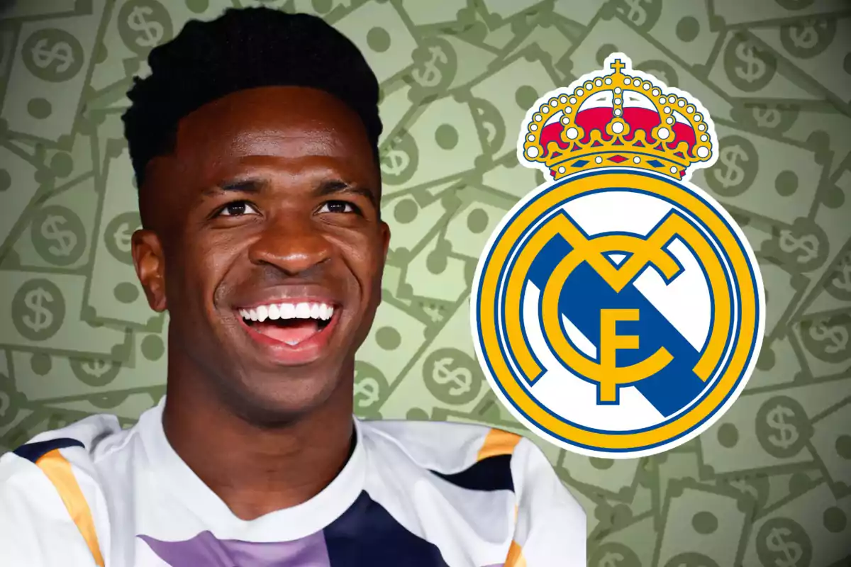 A smiling football player with the Real Madrid logo and a background of banknotes.