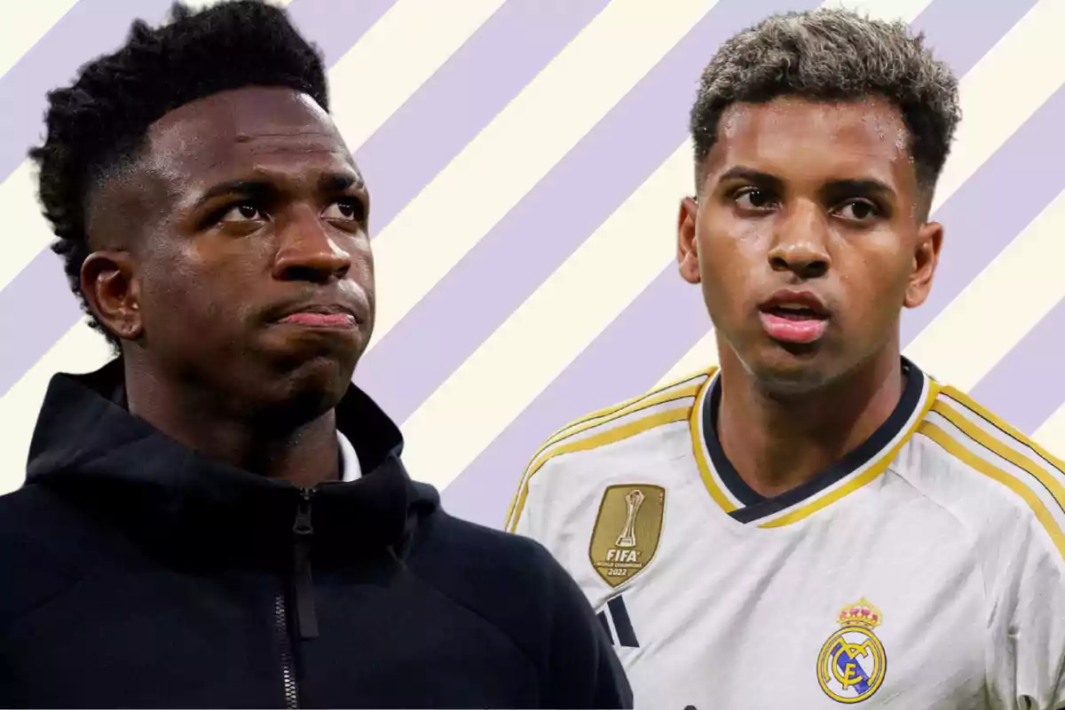 Two soccer players with serious expressions, one wearing a black jacket and the other wearing a white Real Madrid jersey, on a background with diagonal lines.