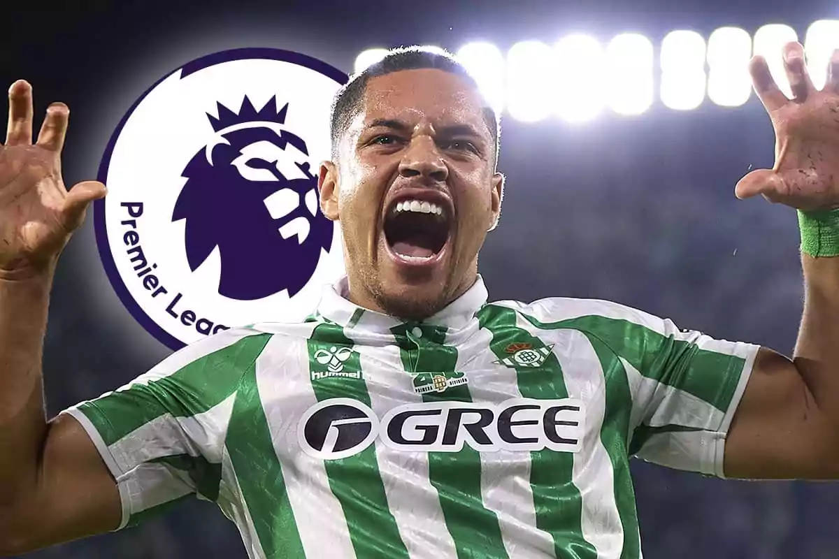 A soccer player in a green and white uniform celebrates enthusiastically, with the Premier League logo in the background.