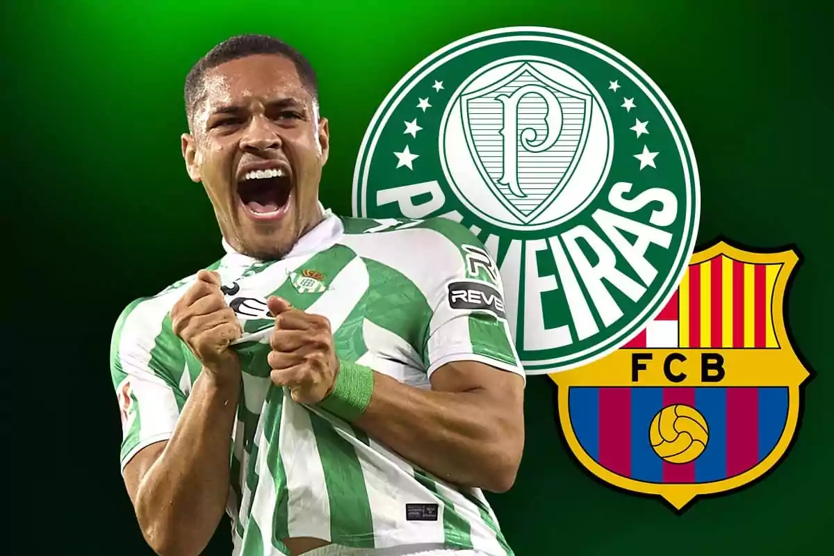 Soccer player celebrating with the Palmeiras and FC Barcelona crests in the background.